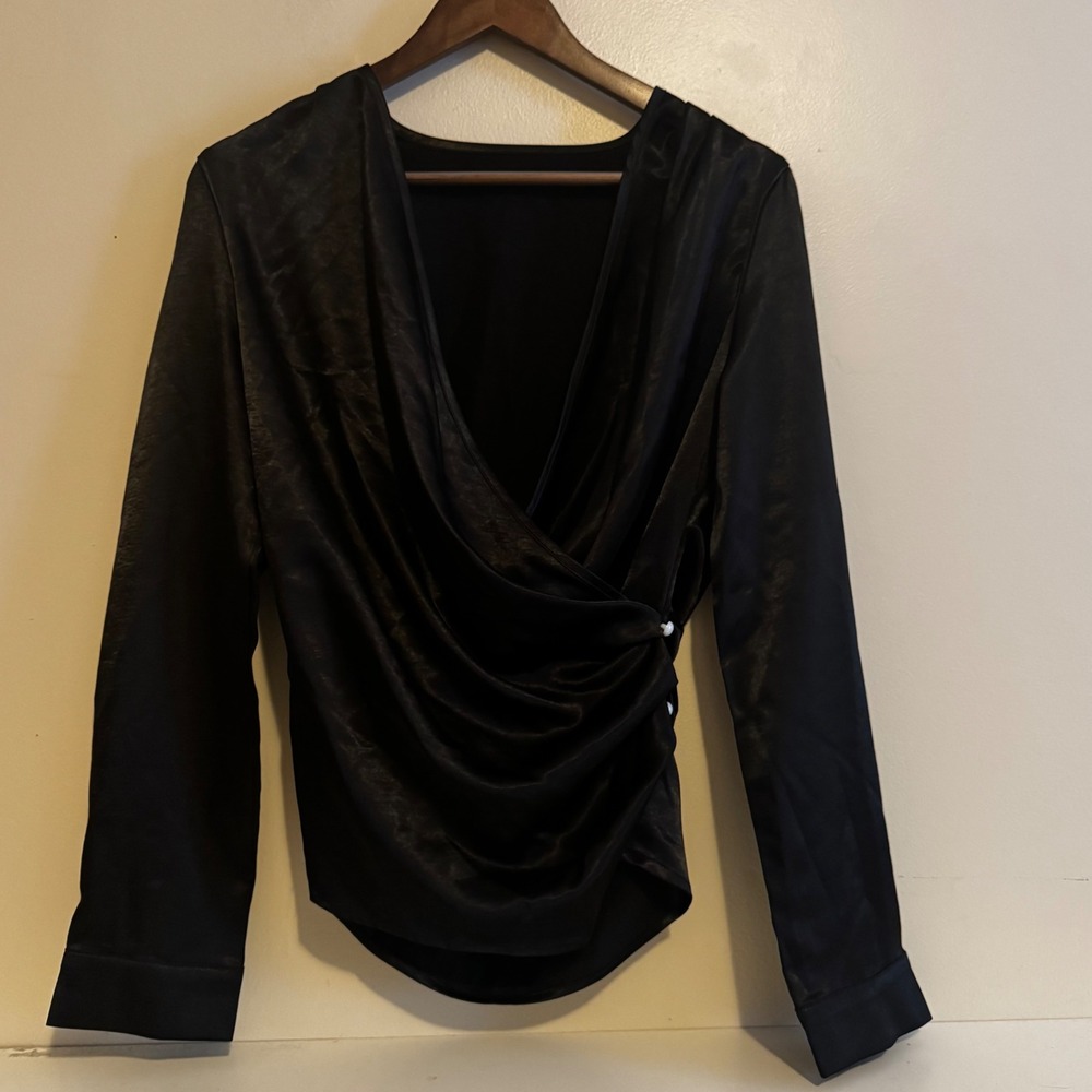 Women's M Black Satin Wrap Front Draped Long Sleeve Top Whimsygoth Fall Winter